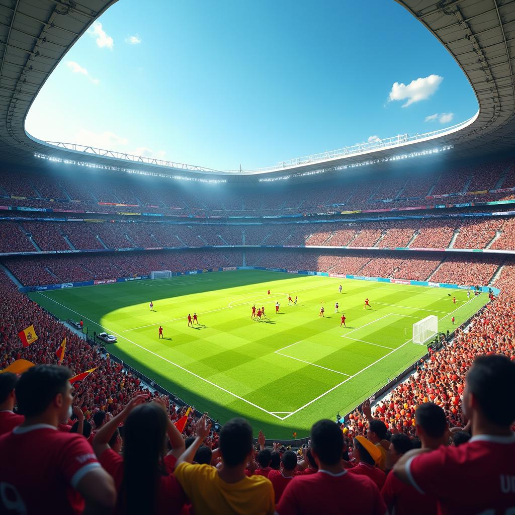 A vibrant image of a football stadium filled with fans in red and yellow jerseys, players in action on a lush green field, and an electric atmosphere