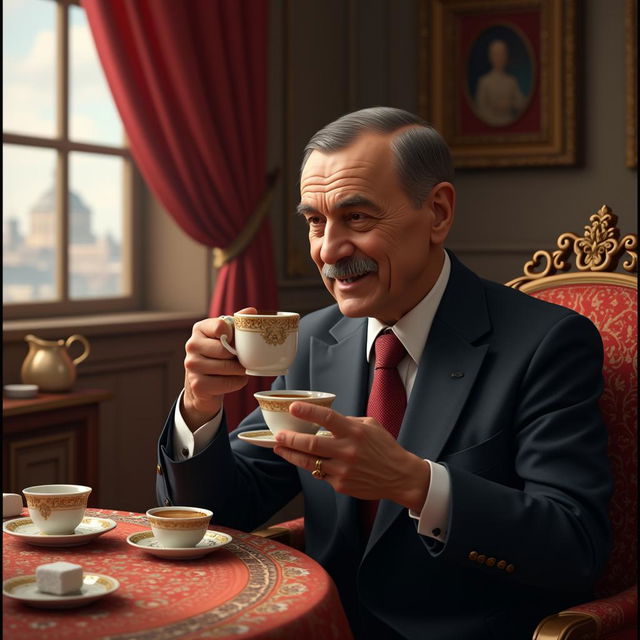 Recep Tayyip Erdoğan, the President of Turkey, is enjoying a cup of tea in a traditional Turkish setting with Ottoman-style decorations