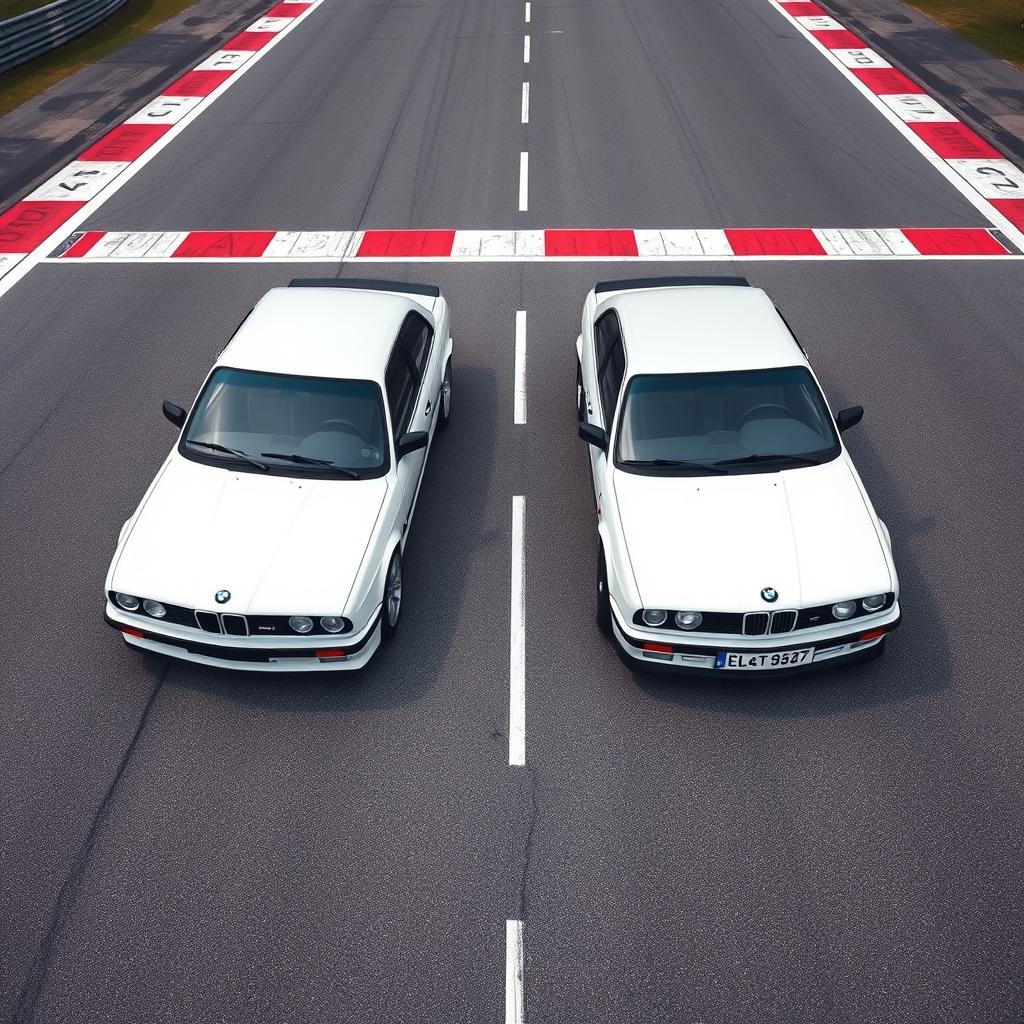 A black BMW E30 parked next to a white BMW E30 with a Yin Yang symbol in the middle, on a race track