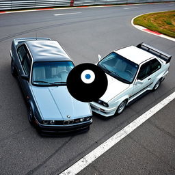 A black BMW E30 parked next to a white BMW E30 with a Yin Yang symbol in the middle, on a race track