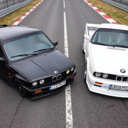 A black BMW E30 parked next to a white BMW E30 with a Yin Yang symbol in the middle, on a race track