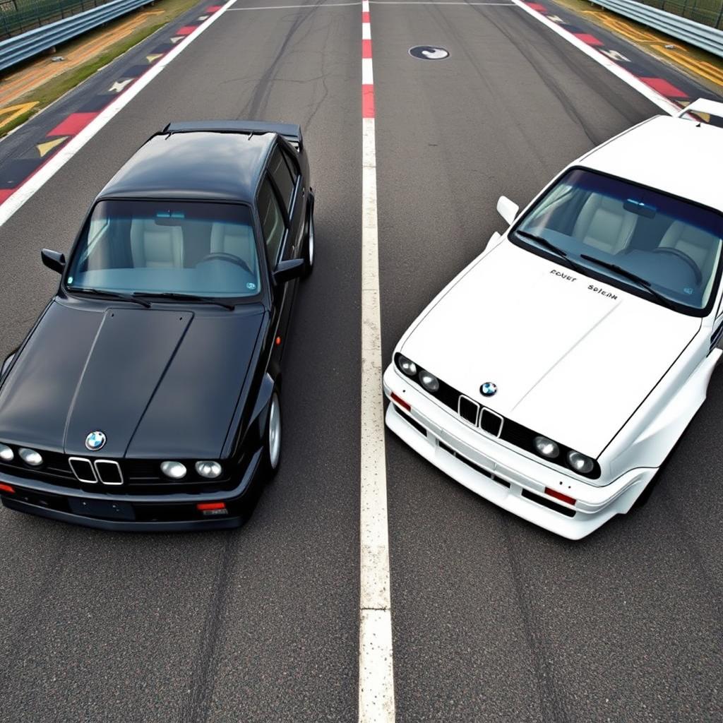 A black BMW E30 parked next to a white BMW E30 with a Yin Yang symbol in the middle, on a race track