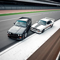 A black BMW E30 parked next to a white BMW E30 with a Yin Yang symbol in between the cars, on a race track