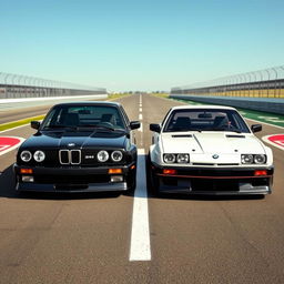 A black BMW E30 parked next to a white BMW E30 with a Yin Yang symbol in between the cars, on a race track