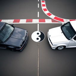 A black BMW E30 parked next to a white BMW E30 with a Yin Yang symbol in between the cars, on a race track