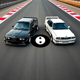 A black BMW E30 parked next to a white BMW E30 with a Yin Yang symbol in between the cars, on a race track