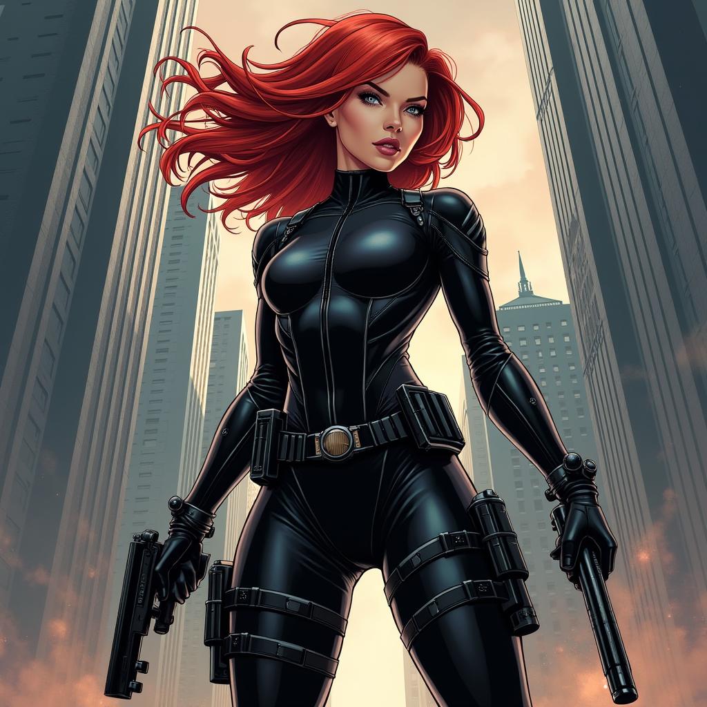 A dynamic illustration of Black Widow in her classic black tactical suit, standing in a powerful pose against a cityscape at dusk, ready for action