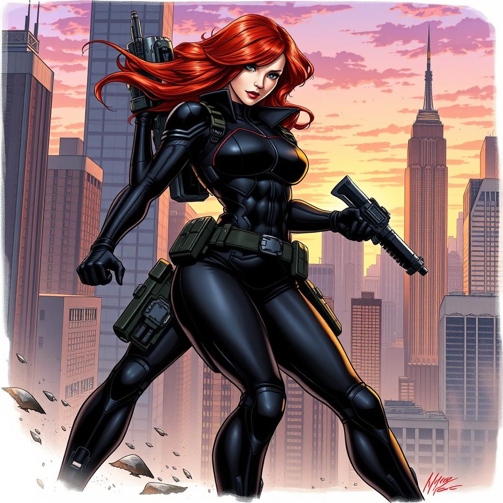 A detailed and dynamic illustration featuring Black Widow, the iconic Marvel superhero