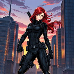 A detailed and dynamic illustration featuring Black Widow, the iconic Marvel superhero