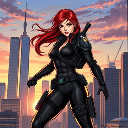 A detailed and dynamic illustration featuring Black Widow, the iconic Marvel superhero