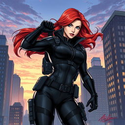 A detailed and dynamic illustration featuring Black Widow, the iconic Marvel superhero