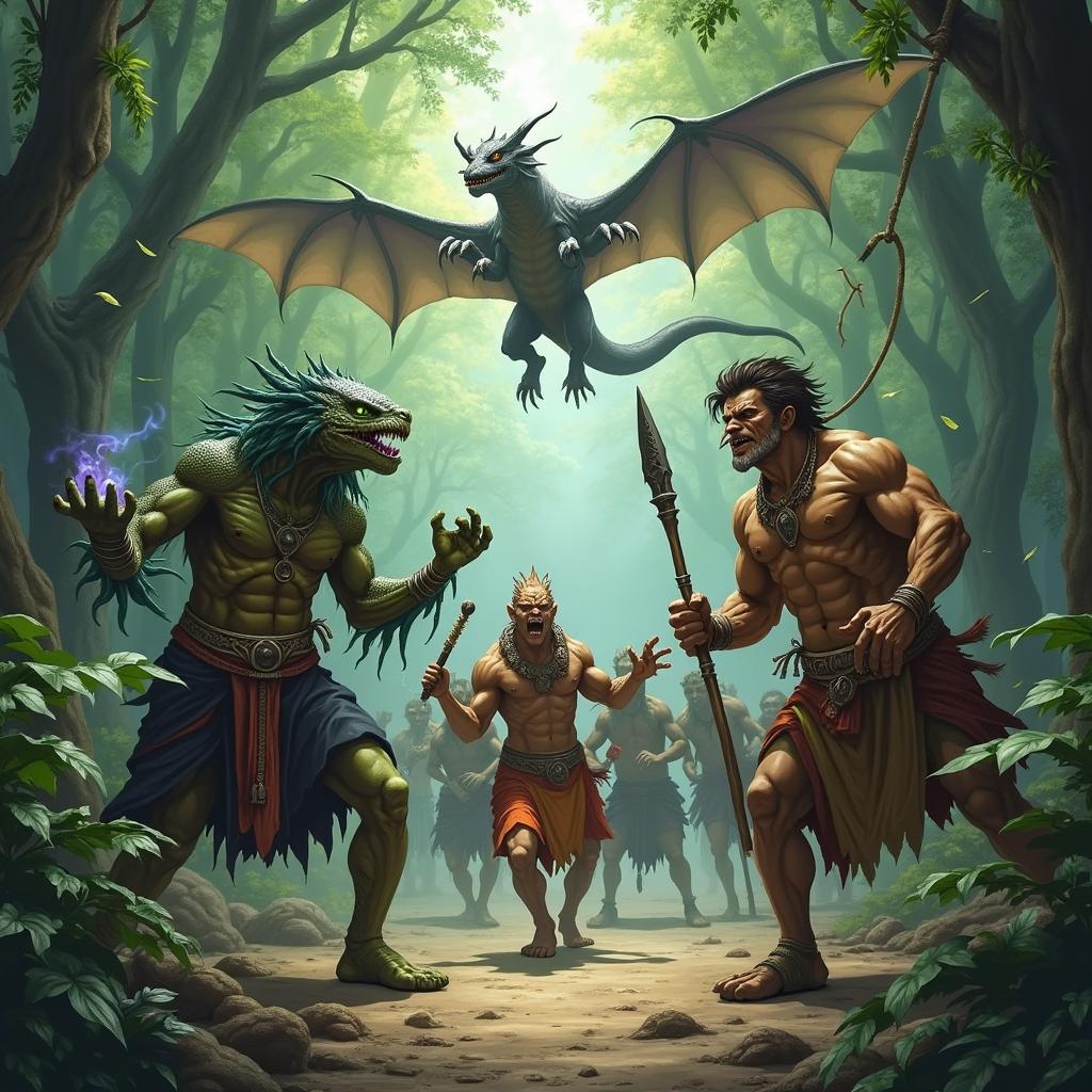 A trading caravan is ambushed by a Yuan-Ti Mind Whisperer, a Yuan-Ti Nightmare Speaker, a Yuan-Ti Pit Master, and a wyvern in a dense jungle