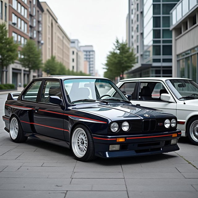 Dos BMW E30, uno negro con una línea blanca y otro blanco con una línea negra, estacionados en un entorno urbano moderno.