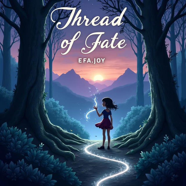 A fantasy novel cover for 'Thread of Fate' by EFA_JOY featuring a young heroine reaching for a glowing thread in a mystical forest, with a distant mountain range and a twilight sky in the background