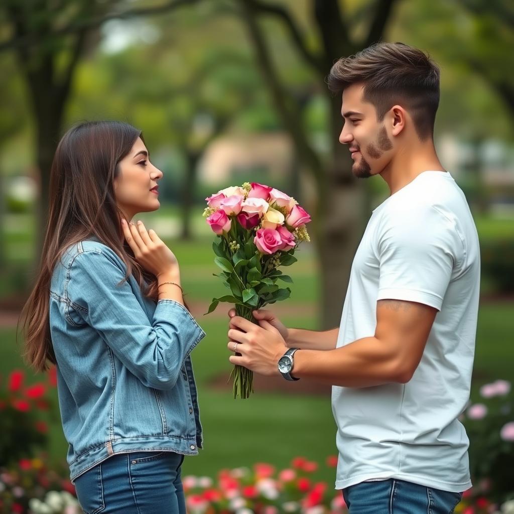 A man holding a bouquet of flowers, nervously offering them to his lover as a gesture of forgiveness