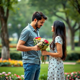 A man holding a bouquet of flowers, nervously offering them to his lover as a gesture of forgiveness