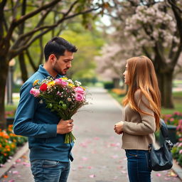 A man holding a bouquet of flowers, nervously offering them to his lover as a gesture of forgiveness