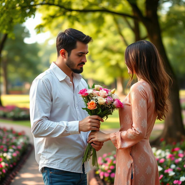 A man holding a bouquet of flowers, nervously offering them to his lover as a gesture of forgiveness