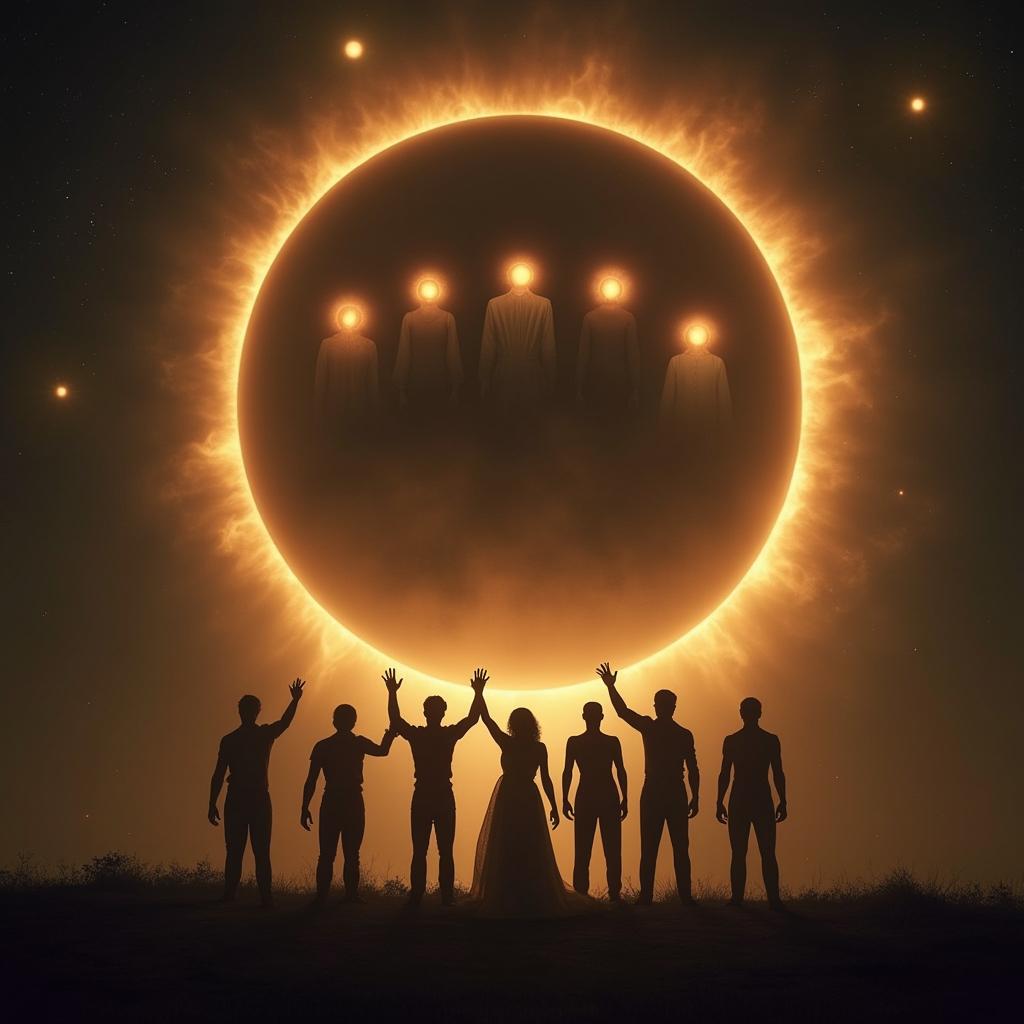 Six figures stand in front of the sun during a solar eclipse, with four spirits with glowing eyes hovering above them