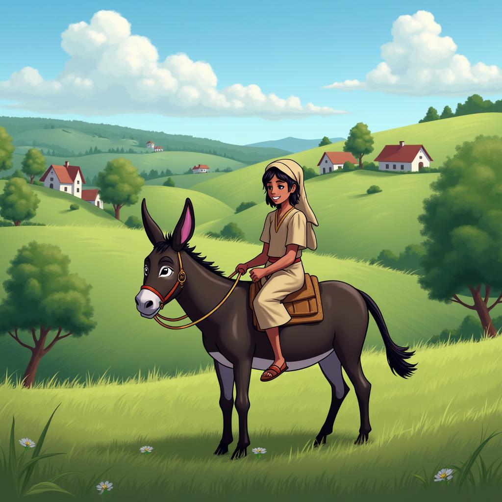 A countryside scene with a person riding a donkey, capturing a moment of peaceful coexistence in a lush, rural setting.