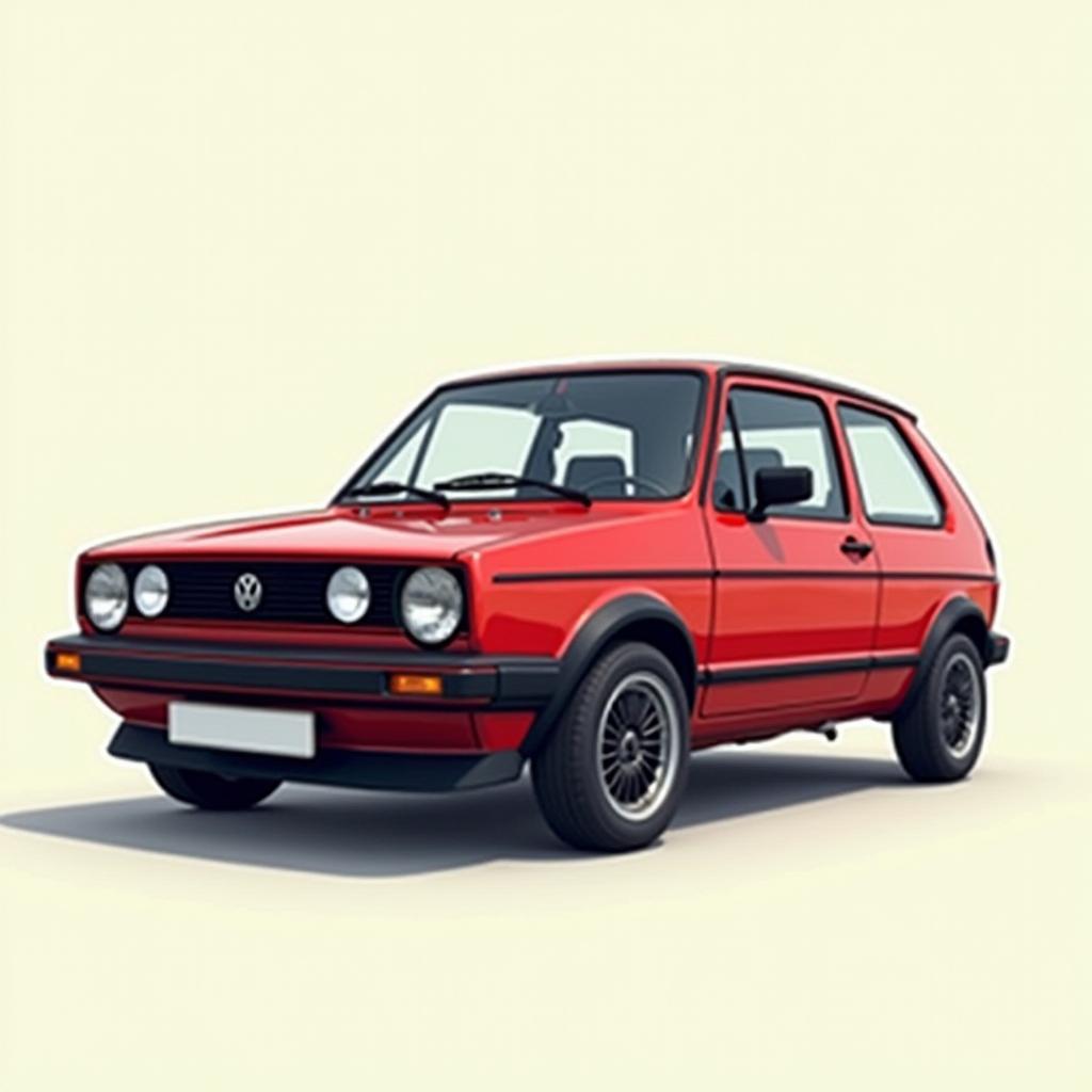 Illustration of a 1983 VW Golf GTi from a 3/4 view, highlighting its classic design elements in a vibrant red color with a simple background