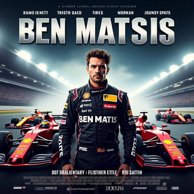 A dynamic F1 movie poster featuring Ben Matsis in racing gear at the forefront, with a thrilling race scene in the background