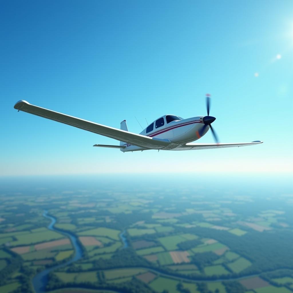 A simple, single-engine airplane with a white body and red stripe flying in a clear blue sky over a landscape of green fields and rivers