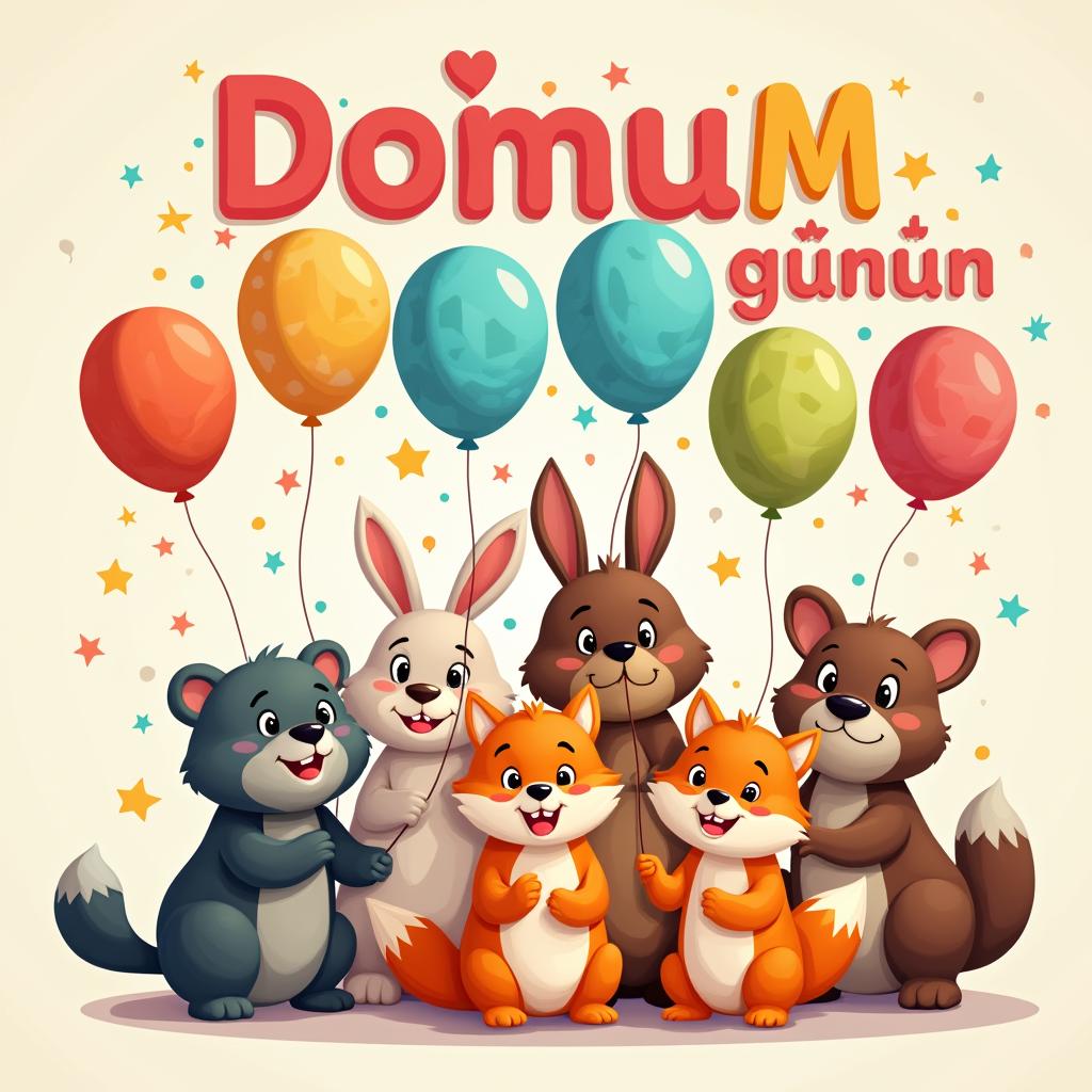 Cartoonized animal characters holding balloons that spell out 'Doğum günün kutlu olsun,' in a joyful and festive setting with a bright background, confetti, and streamers