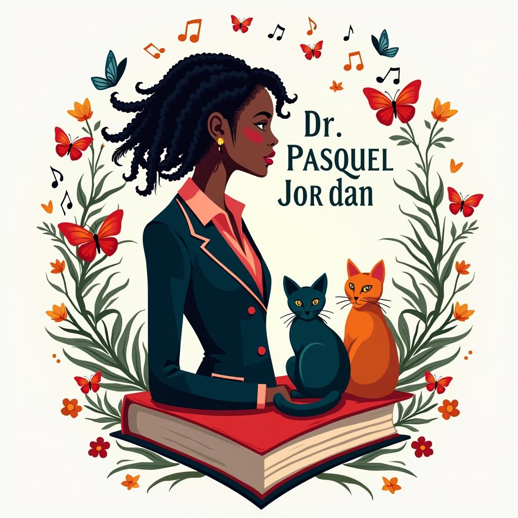 Create a vibrant and engaging logo for a book featuring a side silhouette of a lady with short dreadlocks in a suit, music notes, butterflies, two cats, and a book