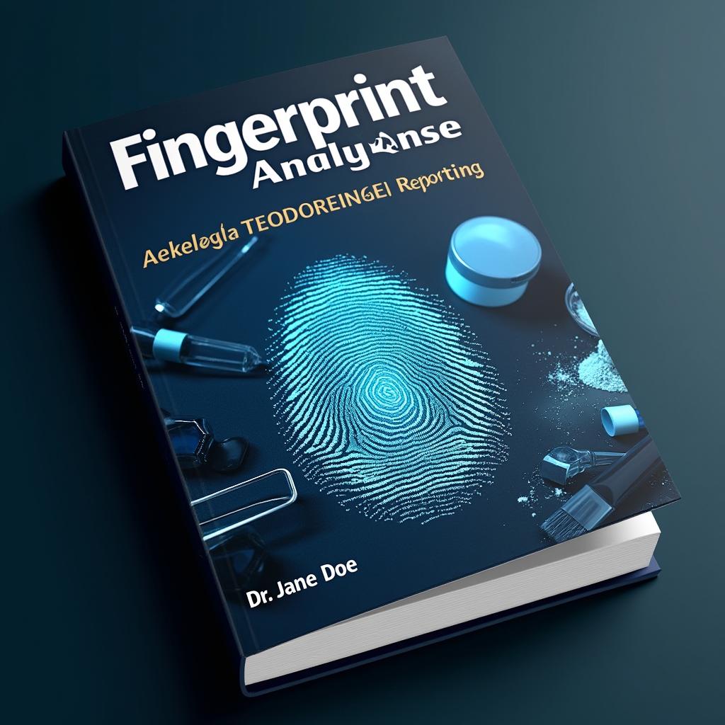 Create a professional and educational book cover for 'Fingerprint Analysis: A Comprehensive Guide' with a dark blue and white color scheme, featuring a fingerprint, forensic tools, and the author's name, Dr