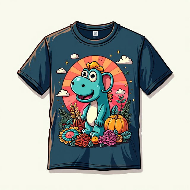 Create a vibrant and fun t-shirt design with colorful graphics, whimsical characters, or clever text, suitable for a wide audience