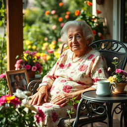 Una abuela de 100 años sentada en una silla mecedora en un porche, rodeada de un jardín lleno de flores