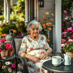 Una abuela de 100 años sentada en una silla mecedora en un porche, rodeada de un jardín lleno de flores