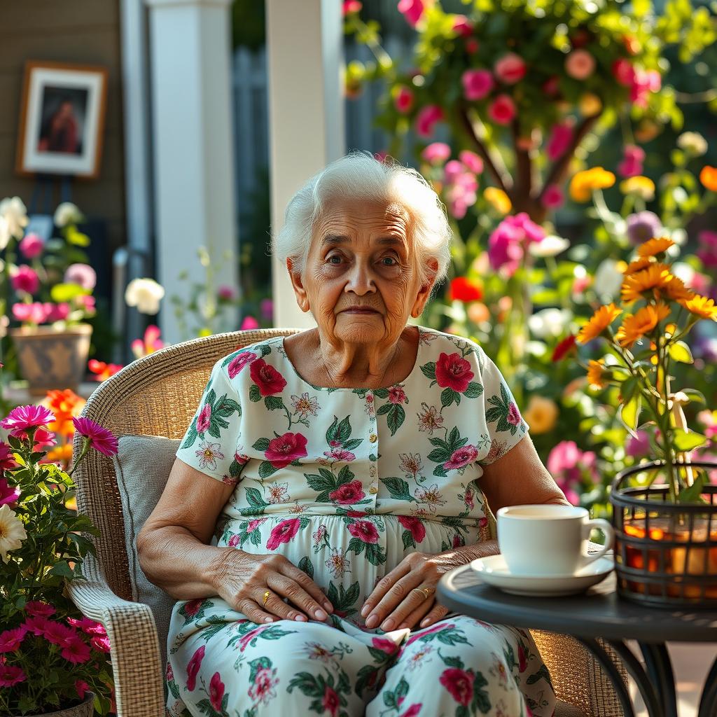 Una abuela de 100 años sentada en una silla mecedora en un porche, rodeada de un jardín lleno de flores