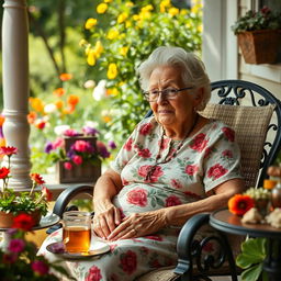 Una abuela de 100 años sentada en una silla mecedora en un porche, rodeada de un jardín lleno de flores