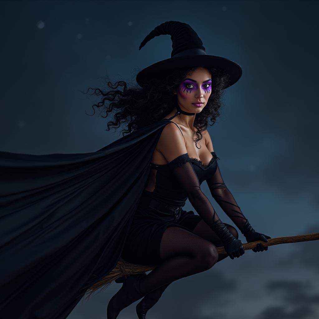 A sexy warrior witch in a black outfit with a stylish witch hat, black curly hair, purple eyes, and a sexy smile