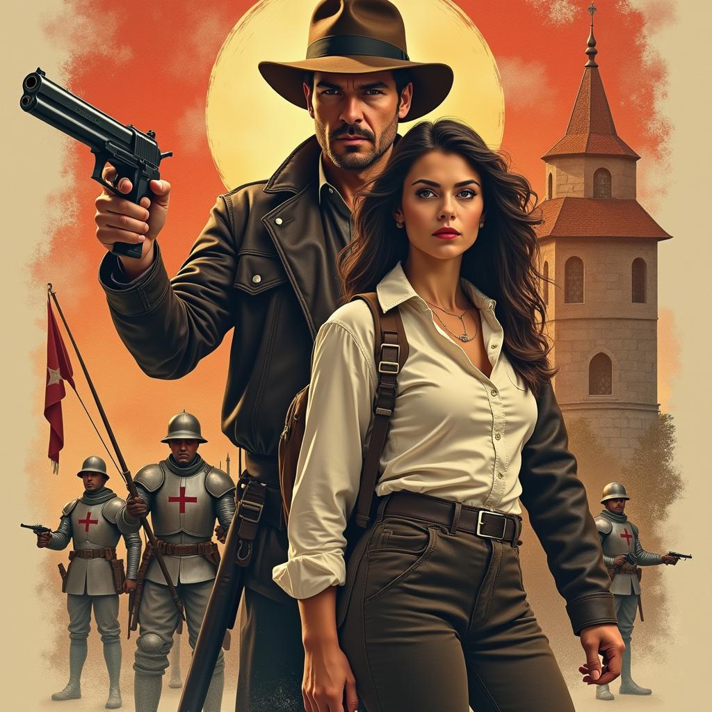 Movie poster for an action-adventure set in France 1914 featuring an Indiana Jones-style male hero with a pistol, a brunette female sidekick in a white blouse, Order of St