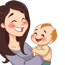 A cartoon illustration of a mother and her small child smiling happily