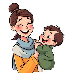 A cartoon illustration of a mother and her small child smiling happily