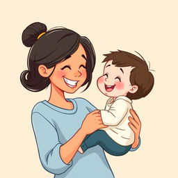 A cartoon illustration of a mother and her small child smiling happily