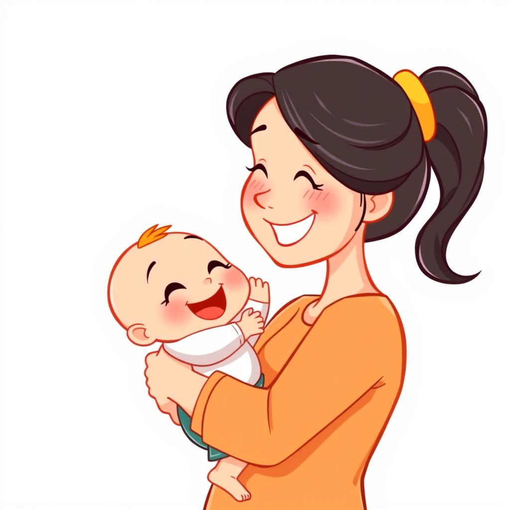 A cartoon illustration of a mother and her small child smiling happily