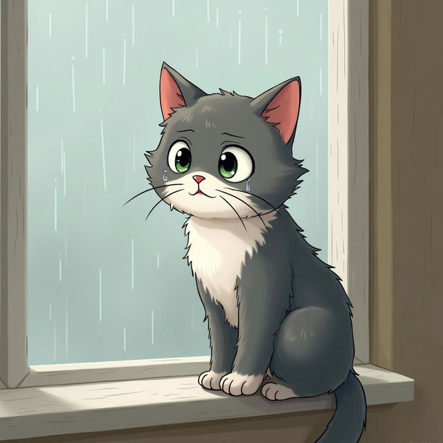 A detailed illustration of a sad cat with tears streaming down its face, sitting on a windowsill and looking out at a rainy day