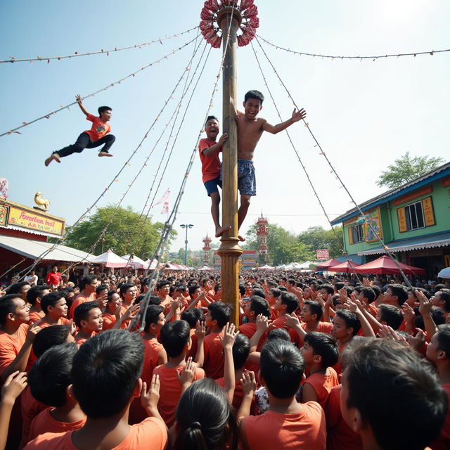 A lively scene of a traditional Indonesian 'Panjat Pinang' game, with participants climbing a greased pole for prizes, one falling mid-air, surrounded by cheering spectators and a vibrant festival atmosphere