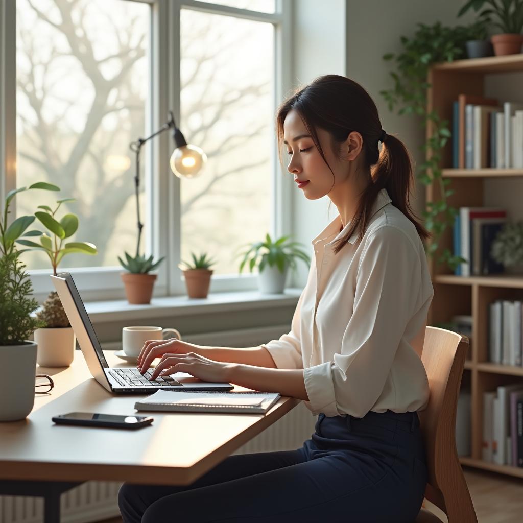 A realistic depiction of a woman working with a laptop in a well-lit home office setting with modern decor.