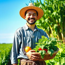 A happy farmer smiling joyfully in a lush green field with a clear blue sky