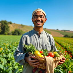 A happy farmer smiling joyfully in a lush green field with a clear blue sky