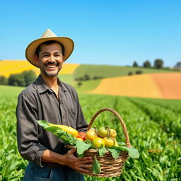 A happy farmer smiling joyfully in a lush green field with a clear blue sky