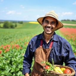 A happy farmer smiling joyfully in a lush green field with a clear blue sky