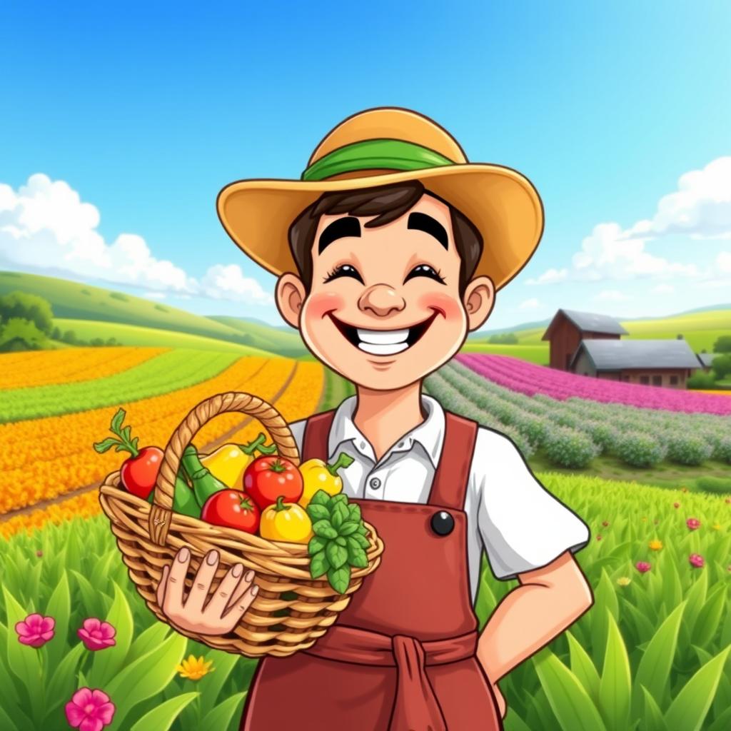 A cartoon depiction of a happy farmer smiling joyfully in a lush green field with a clear blue sky