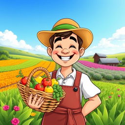 A cartoon depiction of a happy farmer smiling joyfully in a lush green field with a clear blue sky